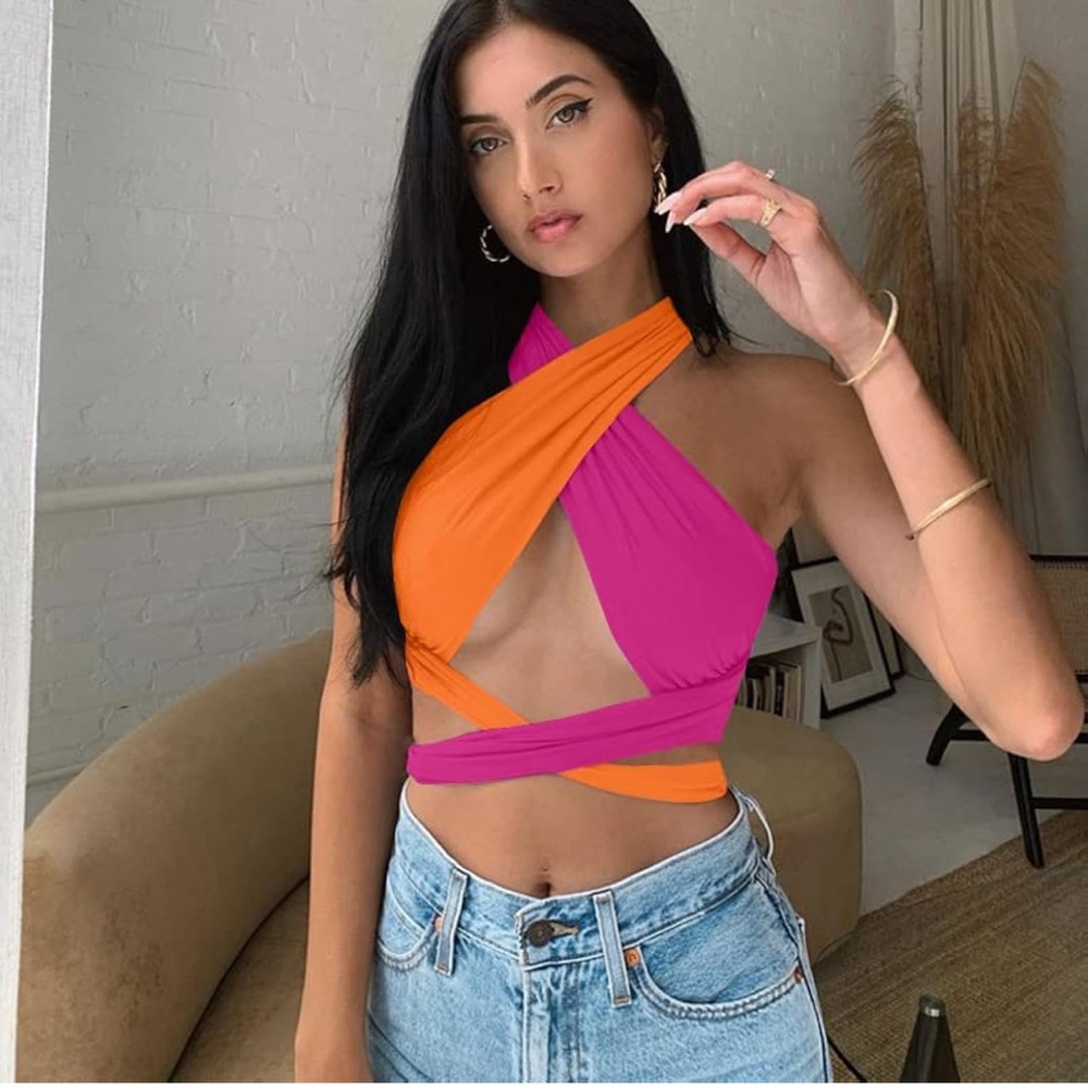 Twist Front Colorblock Halter Crop Top - Pink & Orange